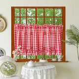 Yeknu Classic Red Plaid Ruffle Short Curtain Sheer For Kitchen Retro Soft Tulle Curtains For Bedroom Small Window Coffee Half-curtain