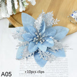 Yeknu 5.7 Inch Artificial Blue and Black Christmas Glitter Flowers with Clips 5/10pcs Xmas Tree Flower Ornaments Noel New Year Decor