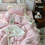 Yeknu Pink Korean Princess Style Lace Ruffles Bedding Set Skin-friendly Seersucker Duvet Cover Set Fitted Sheet/Bed Sheet Pillowcases