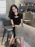 Yeknu High Street Short Sleeve T-shirt Women Harajuku Summer Hollow Out Slim Design Ins Korean Style Above Navel Cropped Top All-match