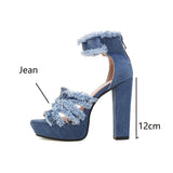 Yeknu Sexy High-heeled Jean Sandals Women Platform Tassel Fringe Denim High Heels Zipper Sandals for Summer Ladies