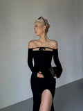 Yeknu Long Sleeve Lace Up Off Shoulder Split Long Dress For Women Summer New High Waist Slim Mid Length Dresses 7MM5