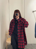 Yeknu Men Shirt Red Plaid Women's Blouse Vintage Square Mid-length Long-sleeved T-shirt Korean Reviews Many Clothes Y2K Clothing