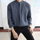 Yeknu New Silk Senior Sexy Dark Blue Shirt for Men Solid Color Long Sleeve Stand-up Collar Loose Business Casual Iron-free Shirt