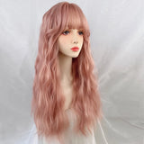 Yeknu Synthetic Long Wavy Curly Pink Wig with Bangs Lolita Cosplay Women Fluffy Hair Heat Resistant Wig for Daily Party