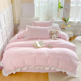 Yeknu Korean Princess Style Duvet Cover Set No Filling Pink Blue Soft Washed Cotton Girls Favorite Ruffles Bed Linen Pillowcases