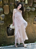 Yeknu Korea Summer Outfits Fairy Suit For Women'S Pink Sweet Pearl Strap Chic Top Chiffon Skirt Elegant Two Piece Set