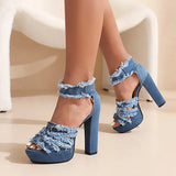 Yeknu Sexy High-heeled Jean Sandals Women Platform Tassel Fringe Denim High Heels Zipper Sandals for Summer Ladies