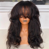 Yeknu Yaki Straight Lace Front Wigs With Bangs T Part Synthetic Lace Front Fringe Wigs Heat Resistant Fiber Hair PrePlucked Hairline