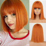 Yeknu Short Orange Straight Bob Wig Synthetic Wigs For Women With Bangs Daily Cosplay Hair Heat Resistant