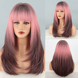 Yeknu Long Straight Ombre Synthetic Wigs  With Bangs For Women Brown Pink Wavy Wigs Cosplay Party Heat Resistant Hair