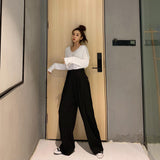 Yeknu Retro Solid Color Wild Straight Wide Leg Pants Female Spring New Korean Fashion High Waist Casual Long Pants