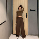 Yeknu Retro Solid Color Wild Straight Wide Leg Pants Female Spring New Korean Fashion High Waist Casual Long Pants