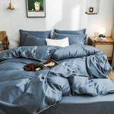 Yeknu Four-piece bedding simple cotton double household bed sheet quilt cover embroidered piping comfortable bedding blue color