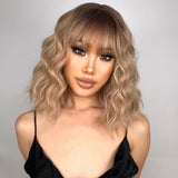 Yeknu Short Bob Wavy Synthetic Wig For With Bangs Blonde Ombre Medium Wig Heat Resistant Fiber Hair Party Cosplay