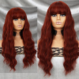 Yeknu Long Wavy Wine Red Synthetic Wig Women's Heat-Resistant Natural Half Part Cosplay Party Lolita Wig