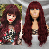 Yeknu Long Wavy Wine Red Synthetic Wig Women's Heat-Resistant Natural Half Part Cosplay Party Lolita Wig