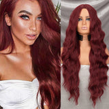 Yeknu Long Wavy Wine Red Synthetic Wig Women's Heat-Resistant Natural Half Part Cosplay Party Lolita Wig
