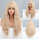 Yeknu Long Brown Ombre Synthetic Wigs With Bangs For Women Natural Hair Wavy Wigs Cosplay Heat Resistant Wig