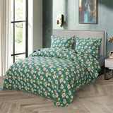 Yeknu Double Bed Cotton Green White Flowers 3pcs Printed Quilted Quilt Pillowcase Free Shipping