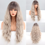 Yeknu Long Brown Ombre Synthetic Wigs With Bangs For Women Natural Hair Wavy Wigs Cosplay Heat Resistant Wig