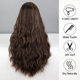 Yeknu Long Brown Ombre Synthetic Wigs With Bangs For Women Natural Hair Wavy Wigs Cosplay Heat Resistant Wig