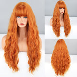 Yeknu Long Brown Ombre Synthetic Wigs With Bangs For Women Natural Hair Wavy Wigs Cosplay Heat Resistant Wig