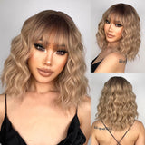 Yeknu Short Bob Wavy Synthetic Wig For With Bangs Blonde Ombre Medium Wig Heat Resistant Fiber Hair Party Cosplay
