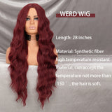 Yeknu Long Wavy Wine Red Synthetic Wig Women's Heat-Resistant Natural Half Part Cosplay Party Lolita Wig