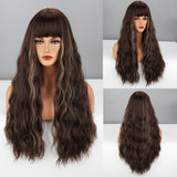 Yeknu Long Brown Ombre Synthetic Wigs With Bangs For Women Natural Hair Wavy Wigs Cosplay Heat Resistant Wig