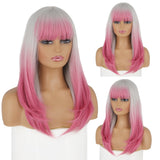 Yeknu Pink Gray With Bangs Long High Temperature Resistant Chemical Fiber Wig Lolita Fashion Party Wig