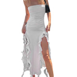 Yeknu Sexy Strapless Off Shoulder Midi Dress Women Ruffles Split Beach Dress Summer Slim Fit Party Female Vestido