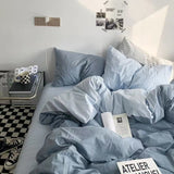 Yeknu Ins Wind Haze Blue Literary Simple Double Spell Washed Cotton Bed Four-piece Set Dormitory Three-piece Bed Sheet Three-piece Set