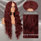 Yeknu Long Wavy Wine Red Synthetic Wig Women's Heat-Resistant Natural Half Part Cosplay Party Lolita Wig