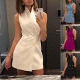 Yeknu Women Short Bodycon Collar Blazer Double Breasted Sleeveless Dress Fashion Lady Summer High Waist Work Formal Solid Short Dress