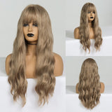 Yeknu Long Dark Brown Women's Wigs with Bangs Water Wave Heat Resistant Synthetic Wigs for Black Women African American Hair