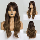 Yeknu Long Dark Brown Women's Wigs with Bangs Water Wave Heat Resistant Synthetic Wigs for Black Women African American Hair