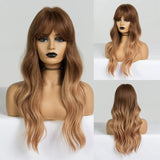 Yeknu Long Dark Brown Women's Wigs with Bangs Water Wave Heat Resistant Synthetic Wigs for Black Women African American Hair