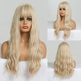 Yeknu Long Dark Brown Women's Wigs with Bangs Water Wave Heat Resistant Synthetic Wigs for Black Women African American Hair