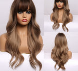 Yeknu Long Dark Brown Women&#39;s Wigs with Bangs Water Wave Heat Resistant Synthetic Wigs for Women African American Hair Wig