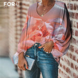 Yeknu Large Size Women Blouse Rose Pattern Flower Printing Casual Loose Long Sleeve Shirt Tops V-neck Female Clothing