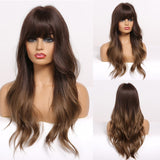 Yeknu Long Dark Brown Women&#39;s Wigs with Bangs Water Wave Heat Resistant Synthetic Wigs for Women African American Hair Wig