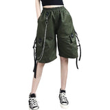 Yeknu Summer Women Cargo Shorts Female Loose Straight Casual Short Pants Fashion Elastic Waist Handsome Chain Knee Length Shorts