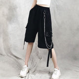 Yeknu Summer Women Cargo Shorts Female Loose Straight Casual Short Pants Fashion Elastic Waist Handsome Chain Knee Length Shorts