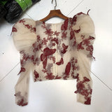 Yeknu Sexy Women Lady Crochet Mesh Sheer See-Through Long Puff Sleeve Tops Shirt O-Neck Casual Butterfly Embroidered Blouse Top