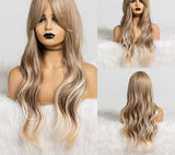 Yeknu Long Dark Brown Women&#39;s Wigs with Bangs Water Wave Heat Resistant Synthetic Wigs for Women African American Hair Wig