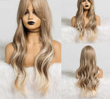 Yeknu Long Dark Brown Women's Wigs with Bangs Water Wave Heat Resistant Synthetic Wigs for Black Women African American Hair