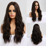 Yeknu Long Dark Brown Women&#39;s Wigs with Bangs Water Wave Heat Resistant Synthetic Wigs for Women African American Hair Wig