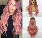 Yeknu Synthetic Long Wavy Dark Root Ombre Pink Cosplay Wigs for Black White Women Colorful Fiber Hair Wigs High Temperature