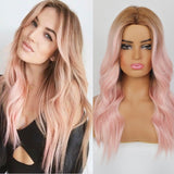 Yeknu Synthetic Long Wavy Dark Root Ombre Pink Cosplay Wigs for Black White Women Colorful Fiber Hair Wigs High Temperature